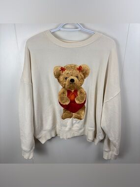 Grayson Threads Teddy Bear Heart Sweatshirt sz L Valentine's Day Cute Ivory Red